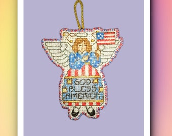 Handmade Cross-Stitched God Bless America Angel Ornament