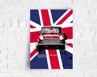 Metal Car Print, 60 years of the Mini, Great gift for a car mad Husband, Son, Wife, Birthday Gift, Classic Car Gift