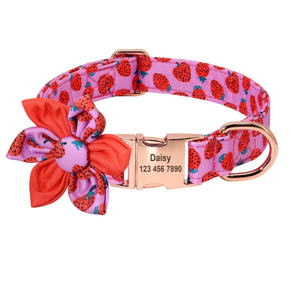 Engraved Dog Collar, Personalized Dog Collar, Tropical Dog Collar, Strawberry Harness, Fruit Dog Collar, Dog Collar & Leash, Bow Dog Collar