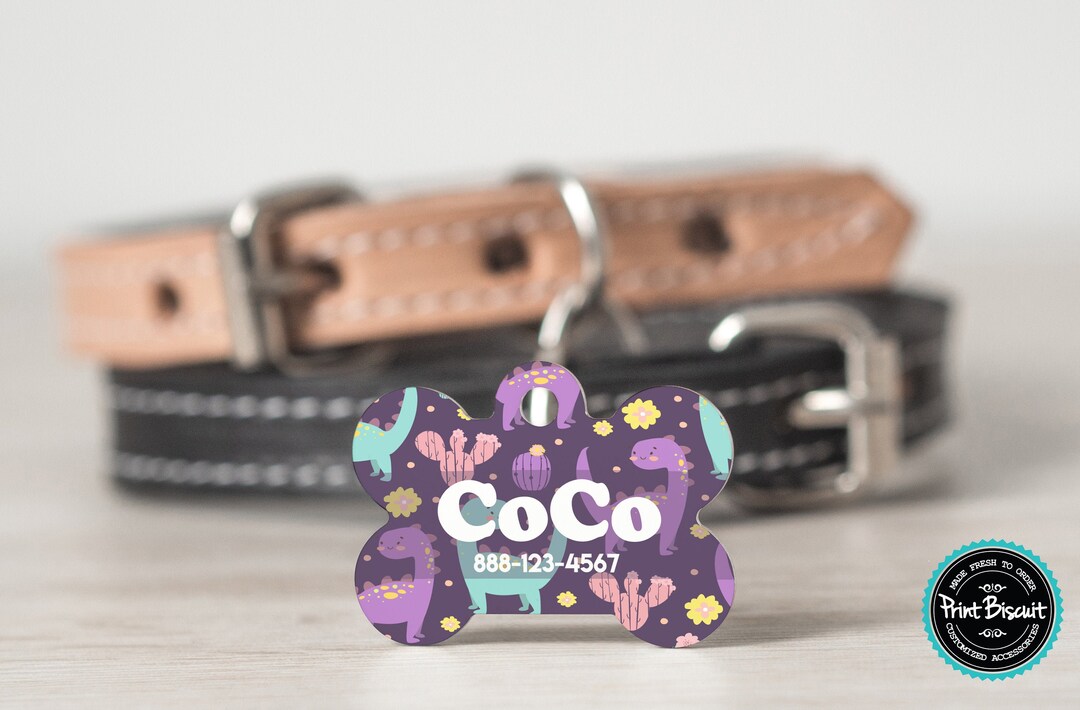 Purple Dinosaur Pet Tag, Personalized Pet ID Tag, Dinosaur Pet ID Tag ...