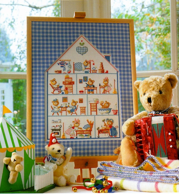 Bears Dollhouse Cross Stitch Pattern | Baby Room Wall Deco | Children Theme  | Vintage PDF Pattern Download | Counted Chart | Deco