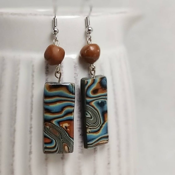 Rectangle Dangle Earrings, Light Weight Statement Earrings, Boho Drop Earrings, Mokume Gane Earrings. Beaded Earrings, Handmade EArrings