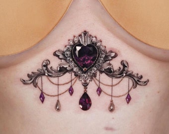 Gothic Jewel Temporary Tattoos - 1 Sheet (2pcs) Waterproof Crystal Chest Tattoo, Realistic Body Art for Festival & Cosplay