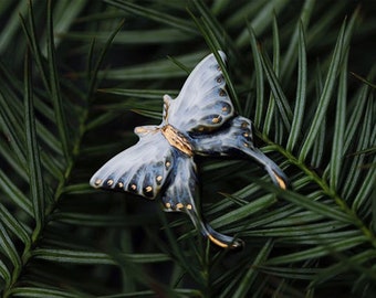 Handmade High Quality Delicate Ceramic Black Base Blue & Gold Color Butterfly Brooch Gifts