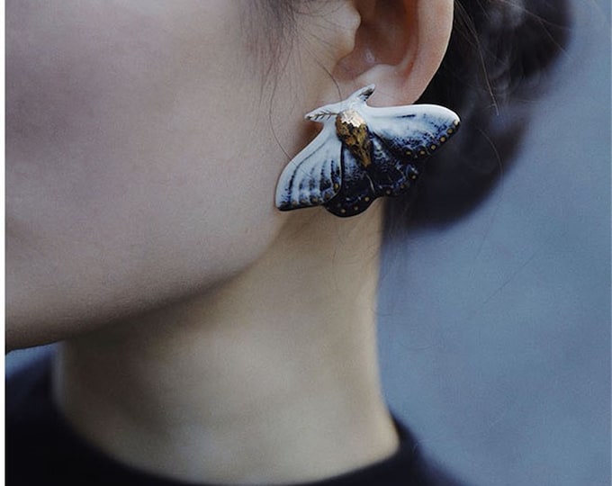 Handmade High Quality Delicate Blue & Gold Moth Ceramic 925 Silver Stud Earring for Hypoallergenic, Sensitive Ears