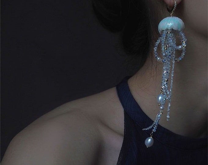 1 Pair Handmade High Quality Delicate Jellyfish Ceramic 925 Silver Pearl and Crystal Drop Earring for Hypoallergenic, Sensitive Ears