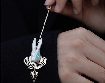 Handmade High Quality Delicate Ceramic Gold Plated Brass Pin Vintage Bunny Brooch Gifts