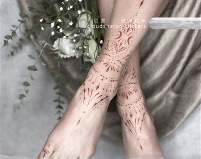 Body Art Sexy Totem Lotus Bohemia Henna Color Dark Red / Brown Foot or Hand Tattoo Women Stickers