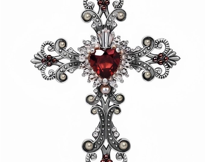 Vintage Cross Ruby Gem Tattoo - Realistic Jewel Temporary Tattoos with Pearls & Crystals, 1 Sheet (2 Sizes) for Body Art