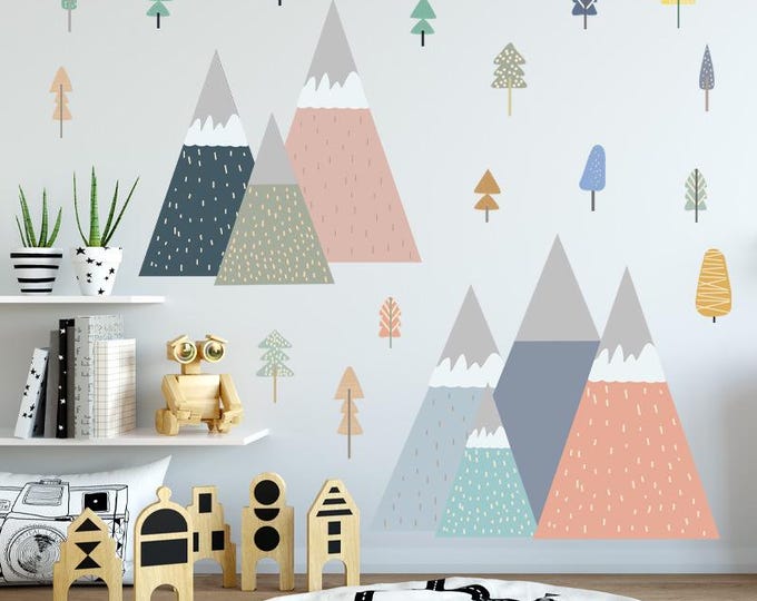 2 sheets / 14" × 24" each Nordic Geometric Mountain & Tree Wall Decals – Kids Room / Living Room Removable Stickers