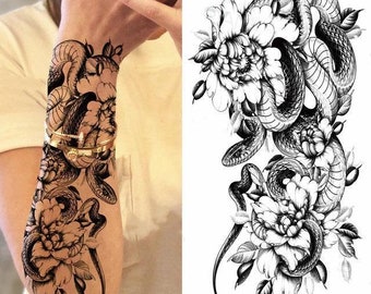 Body Art Black Snake Butterfly Rose Arm / Thigh / Back / Ankle / Calf Temporary Tattoo Sticker