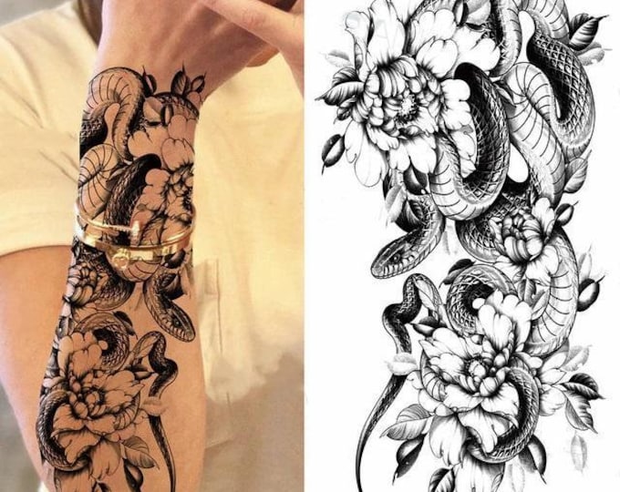 Body Art Black Snake Butterfly Rose Arm / Thigh / Back / Ankle / Calf Temporary Tattoo Sticker