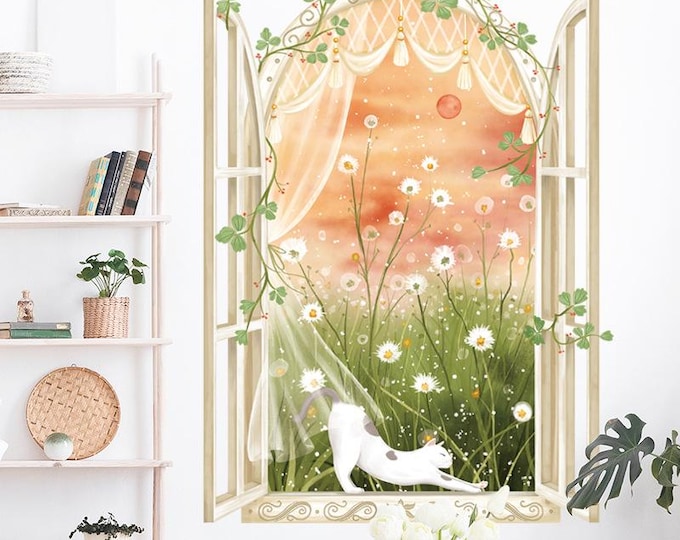 Sunset Window  Daisy Wall Decal – Removable Self-Adhesive PVC Sticker with Cat and Flower Garden for Living Room   Bedroom Decor