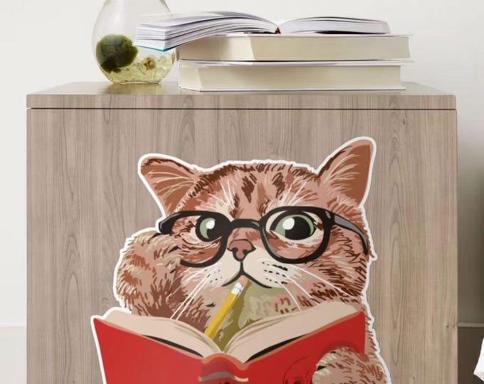 Funny Cat Wall Decal – Reading “Humans” Book Design