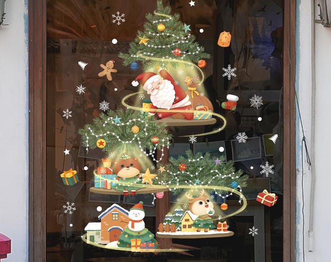 Christmas Tree Window Sticker with Santa & Animals/Size (approx.): 27cm (W) × 40cm (H) / 10.5× 16 inches
