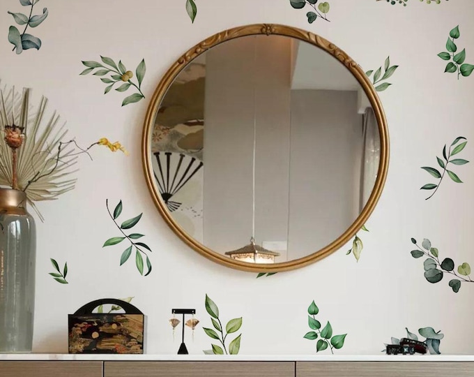 A set of 6 fresh and minimalist green leaf plant wall stickers, self-adhesive decorative decals for living room and bedroom background walls