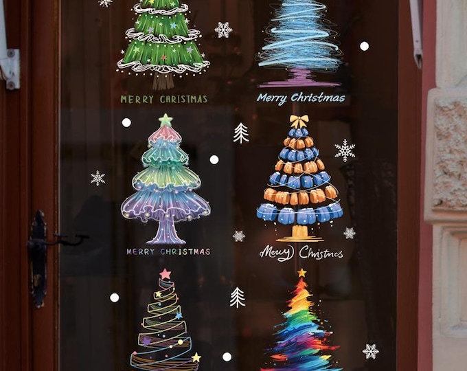 Christmas Tree Window Stickers —6 Unique Designs of one sheet（Finished layout approx. 17.3"  × 17.7"）