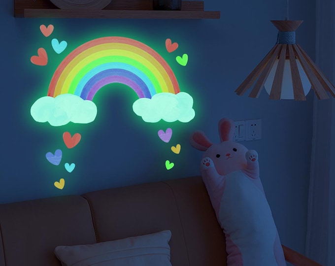 Glow-in-the-Dark Rainbow Cloud Heart Wall Stickers – Self-Adhesive Luminous Decor for Living Room & Bedroom