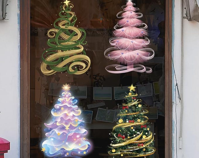 Christmas Tree Window Stickers —4 Unique Designs of one sheet（Finished layout appro  14in × 20.3in）