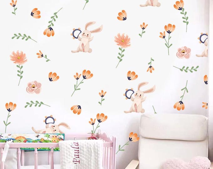 Cute Bunny & Floral Wall Decals – Removable Self-Adhesive Animal and Plant Stickers for Kids Room, Nursery, Bedroom Decor