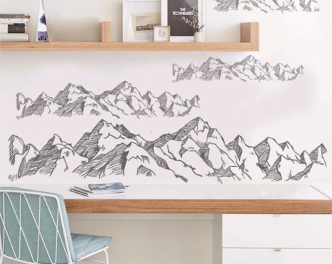 Mountain Line Art Wall Decal – Removable Self-Adhesive Sketch Style PVC Sticker for Living Room, Bedroom, Classroom, or Window Decor