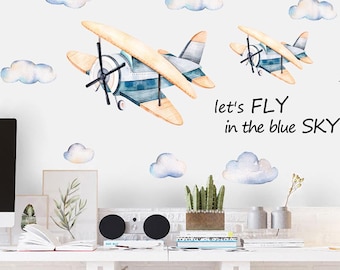 Let’s Fly in the Blue Sky Wall Decal | Watercolor Airplane & Cloud Stickers (2 Sheets Set)