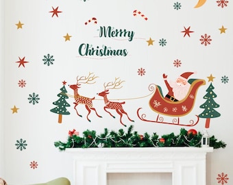 Christmas Reindeer Sleigh Wall Decal    Approx.23.6 × 15.7 inches