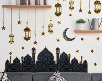 Creative Moon and Stars Lantern Wall Sticker  Bedroom  Living Room Decor    Self-Adhesive Wall Decal