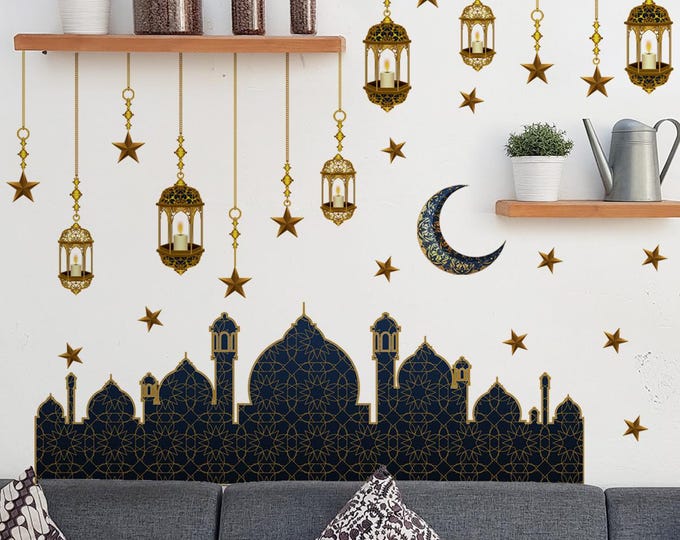 Creative Moon and Stars Lantern Wall Sticker  Bedroom  Living Room Decor    Self-Adhesive Wall Decal