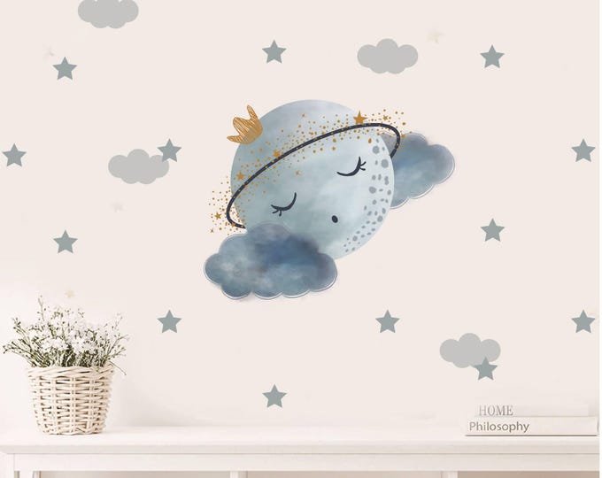 Cute Planet, Stars & Clouds Wall Decals – Removable Self-Adhesive PVC Stickers for Nursery, Kids Room, Living Room Decor
