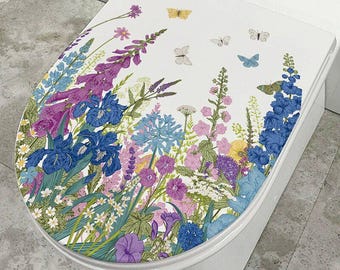 Household Toilet Lid Sticker – Bathroom Self-Adhesive Decoration, Hand-Drawn Flowers, Butterfly Toilet Decal.