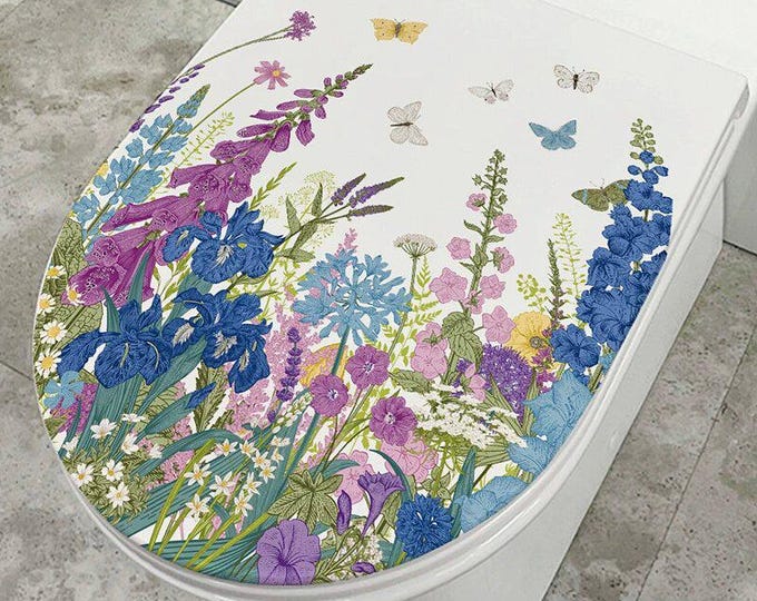 Household Toilet Lid Sticker – Bathroom Self-Adhesive Decoration, Hand-Drawn Flowers, Butterfly Toilet Decal.
