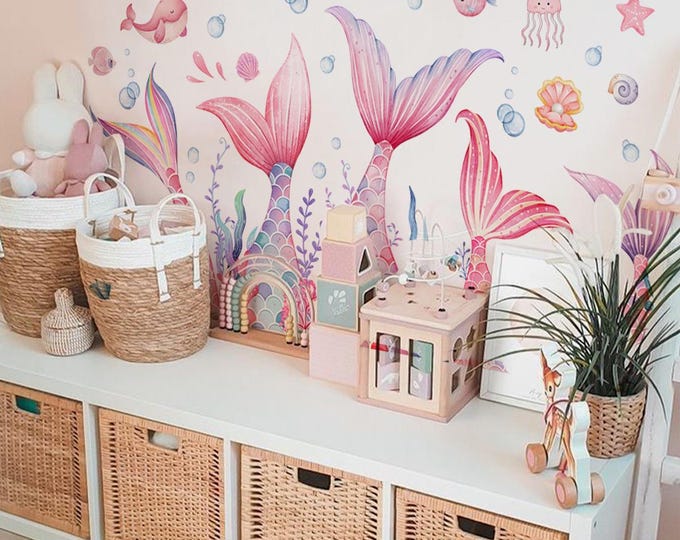 Cartoon Ocean Creatures Wall Stickers  Seaweed  Mermaid Tail   Shell Decals  Kids' Room Decor