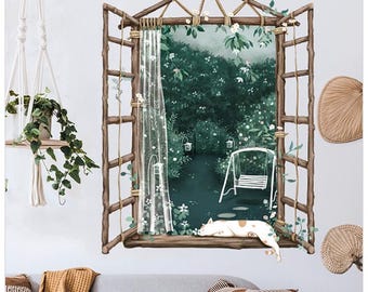 Summer Night Cat & Window Wall Decal – Removable Self-Adhesive Wooden Frame Mural for Living Room  Bedroom