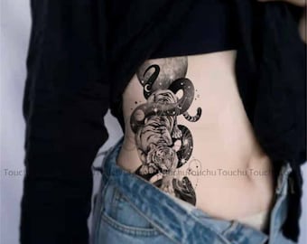 Body Art Black Tiger, Snake, Moon Arm, Waist, Arm,Back Tattoo Men or Women Unisex Stickers