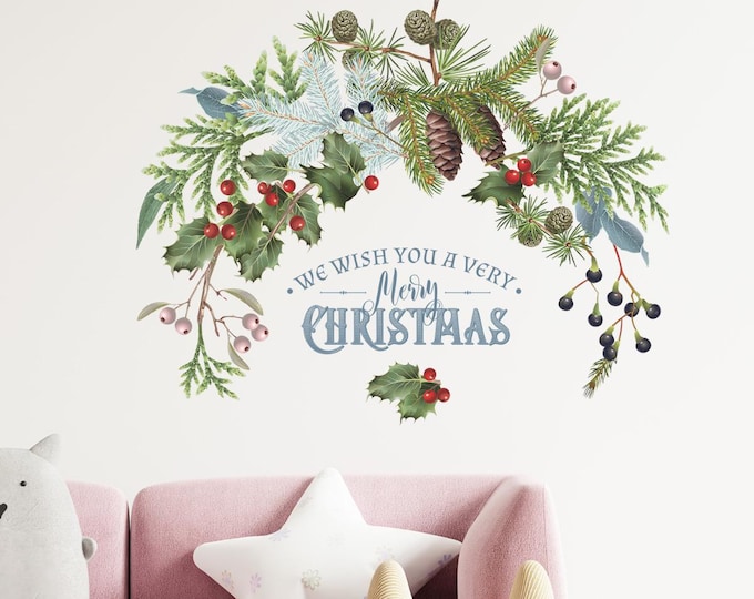 Christmas Pinecone & Greenery Wall Decal   Size: Approx. 39cm × 32cm (15.4 × 12.6 inches) after application.