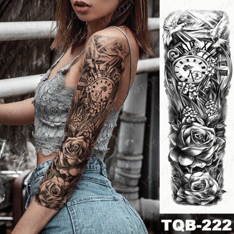 Body Art Black Full Arm / Thigh / Back / Calf Skull, Clocks, Rose ...