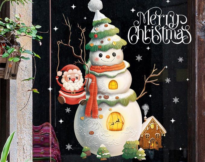 Snowman & Santa Christmas Window Sticker – Festive Holiday Decoration/Size (approx.): 27cm (W) × 40cm (H) / 10.5× 16 inches
