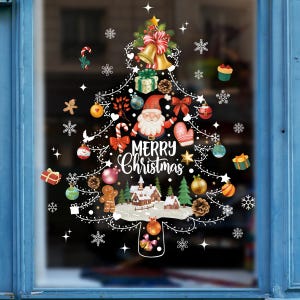 May include: A festive Christmas tree window cling with a black background. The design features a white outline of a Christmas tree adorned with ornaments, gifts, Santa Claus, and the words "Merry Christmas."