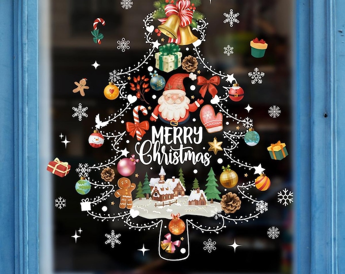 Christmas Tree Window Sticker – Santa & Holiday Ornaments/Sticker size after application: 44 cm (W) × 45 cm (H) (17.3 × 17.7 inches).