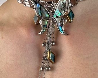 Punk Vintage Style Stainless Steel Butterfly Choker Necklace / can also use as brooch