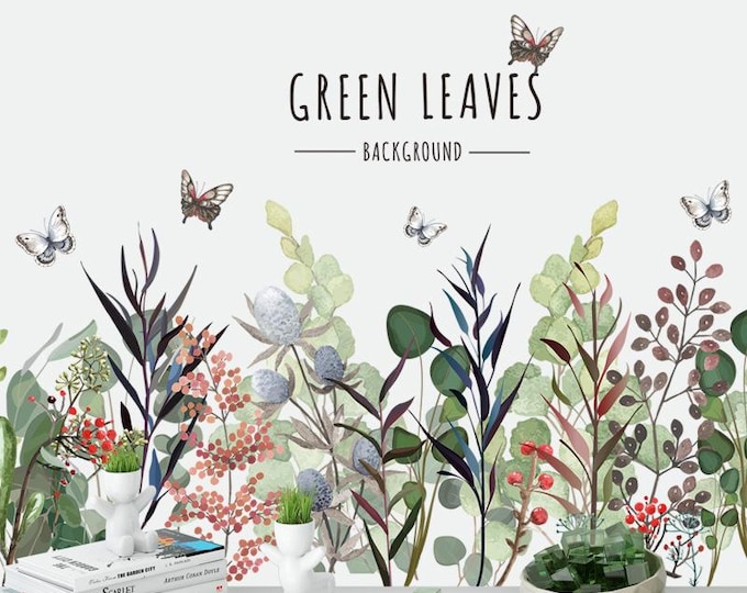 Botanical Green Leaves Wall Stickers – Large Removable Mural for Living Room & Bedroom Decor   approx.38.5 in wide × 18.9 in high