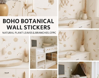 Boho Botanical Wall Stickers – Natural Plant Leaves & Branches 6 sheets total (27 pcs individual decals)