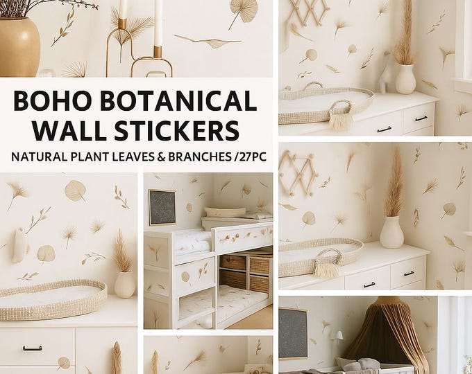 Boho Botanical Wall Stickers – Natural Plant Leaves & Branches 6 sheets total (27 pcs individual decals)