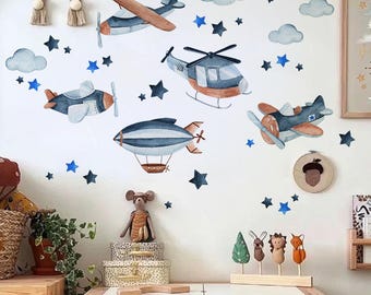Spaceship  Airplane Wall Stickers   Blue Cloud & Star Decals for Kids' Room   Nursery Decoration