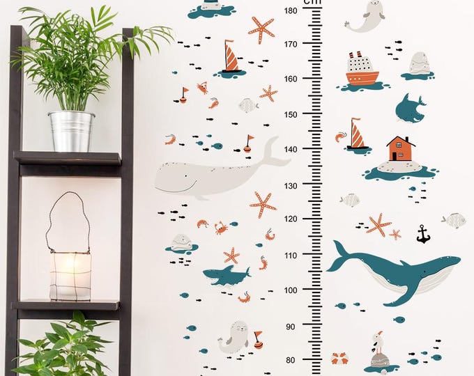 Ocean Theme Kids Growth Chart Wall Sticker-Tow sheets of set  Finished Size: approx. 128cm (H) × 88cm (W) / 50.4 × 34.7 inches