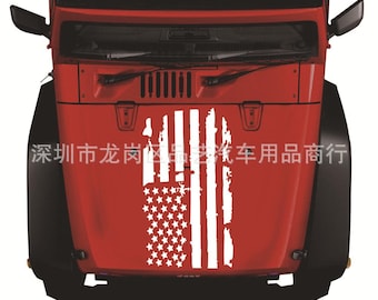 translates to "Torn American Flag Hood Decal | Cracked Flag Car Hood Vinyl Sticker    Decal size: 60cm x30cm (23.8in x 11.81in)