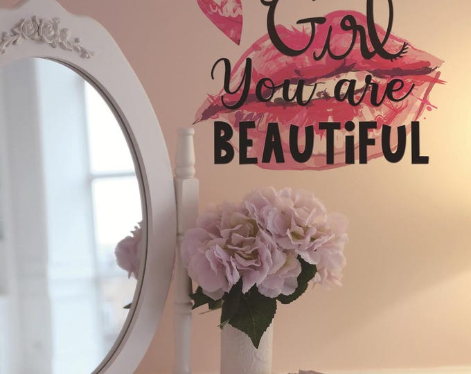 Red Lips "Beautiful" Wall Sticker  Vanity Table & Beauty Salon Decor  Nail Salon Wall Decal