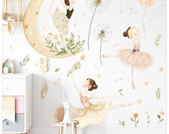 Ballet Girls & Moon Wall Decals – Removable Self-Adhesive PVC Stickers with Flowers and Dandelions for Living Room, Bedroom, Kids Room Decor