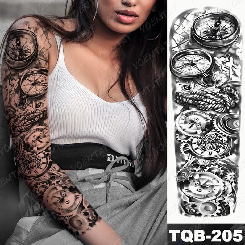 Body Art Black Full Arm / Thigh / Back / Calf Skull, Clocks, Rose ...